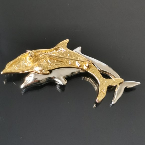 Vintage signed "LC" LIZ CLAIBORNE DOLPHIN PORPOISE PIN BROOCH gold & silver tone - Picture 4 of 5